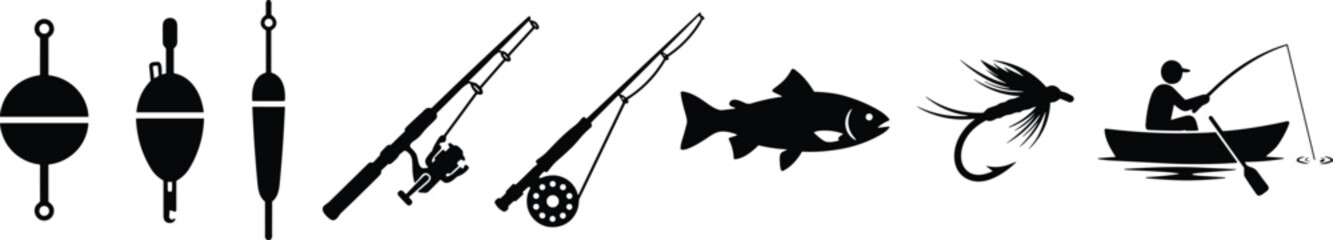 Fishing silhouettes collection with floats rods fish lure and fisherman boat simple black icon set © MdShah