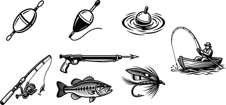 Fishing gear and angling equipment illustration set with rod float lure fish and fisherman boat vintage style