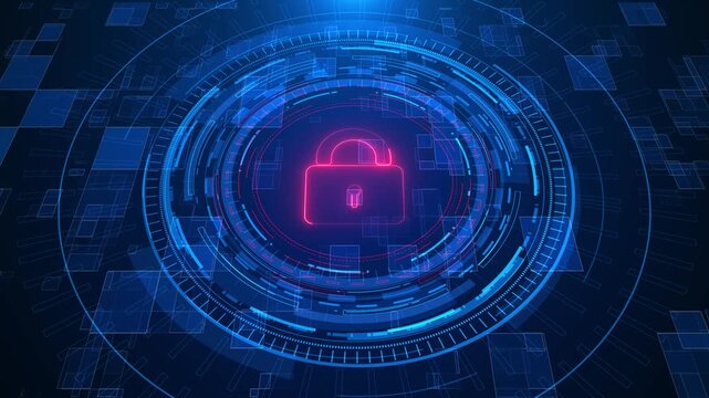 Blue cyber lock HUD interface glowing cyan rings, pink security icon, transparent panels, digital depth. cyber security videos, data protection intros, privacy promos, software screens, tech overlays.