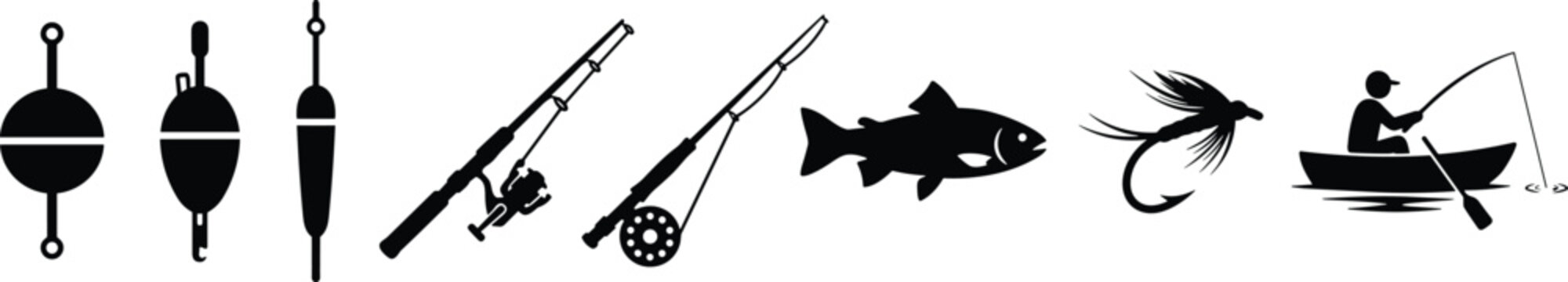 Fishing silhouettes collection with floats rods fish lure and fisherman boat simple black icon set