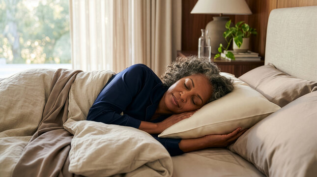 Black Woman Sleeping Deeply in Comforting Bedding for Rest and Wellbeing