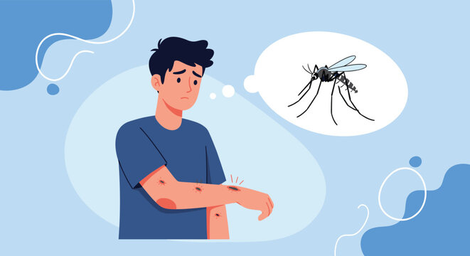 Worried young man looking at red mosquito bites on his arm while thinking about an insect to illustrate skin irritation.
