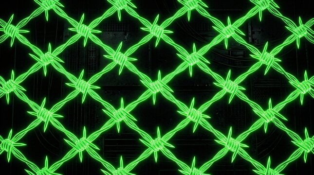 Neon green barbed wire fence glowing in the dark with a dark industrial background