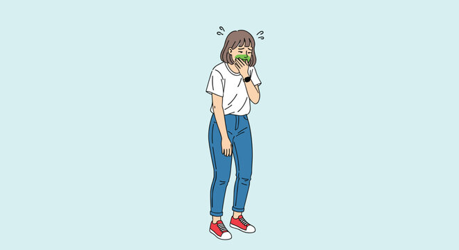 Young woman feeling sick and covering her mouth as she experiences nausea and the urge to vomit on a light blue background.
