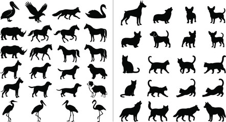 Fototapeta premium Black animal silhouette collection with dog cat horse bird and wildlife icons isolated on white background, cad drawing flat vector illustration.
