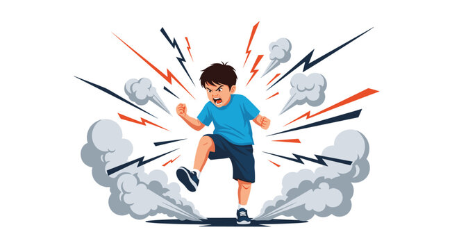 Young boy expressing extreme anger and frustration during a temper tantrum with lightning and smoke symbols in the background.
