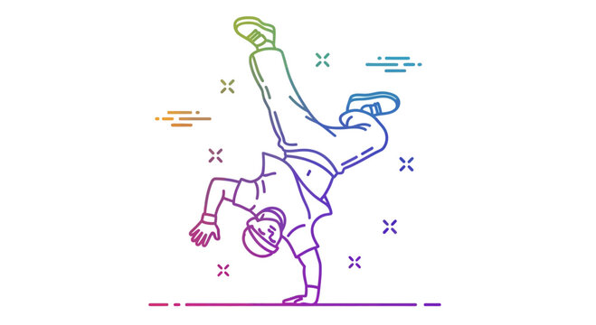 Breakdancer performing a handstand with colorful gradient lines on white background
