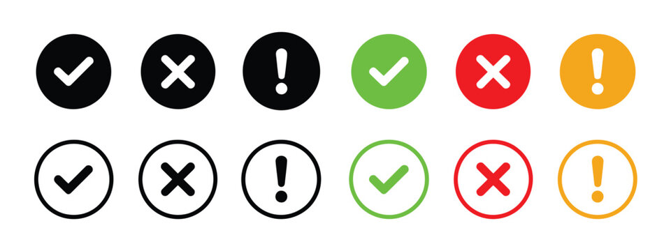 Status icon set, check mark cross exclamation symbols, success error warning indicators, system notification interface elements, confirmation alerts feedback states
