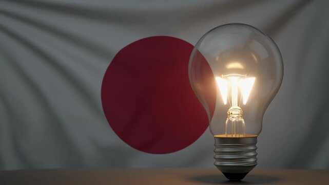消えかけた電球と国旗が示す産業停滞の象徴