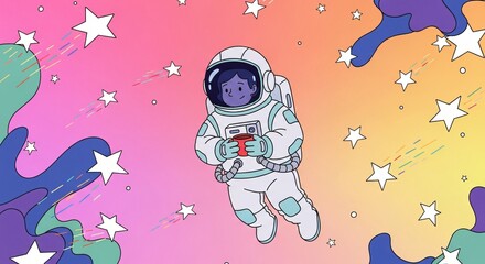 Fototapeta premium Adorable cartoon astronaut floating in space holding a red mug with colorful star streaks and nebula clouds