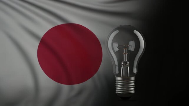 消えかけた電球と国旗が示す産業停滞の象徴