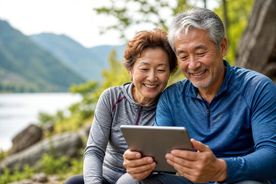 Happy active senior Asian couple using digital tablet while hiking in nature background