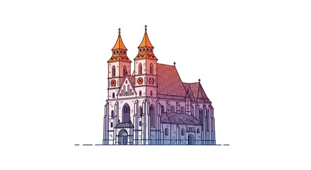 Fototapeta premium Artistic sketch of a grand cathedral with twin spires and intricate facade, white background