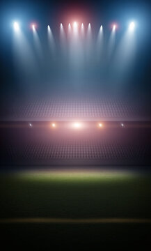Empty stadium with bright spotlights illuminating the field at night