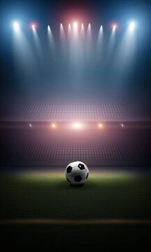 Soccer Ball on Green Field in Stadium with Bright Lights