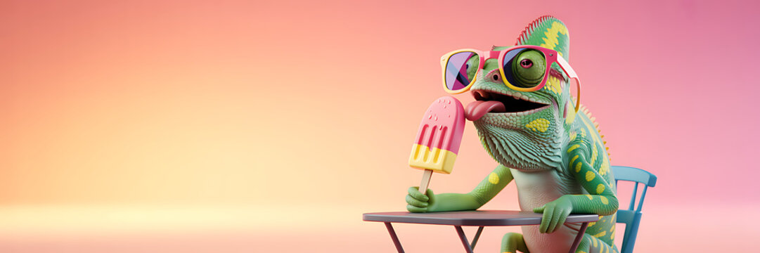 Quirky summer portrait of a chameleon enjoying a popsicle