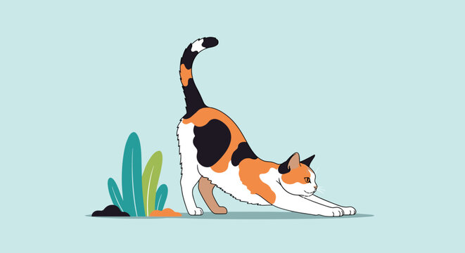 Beautiful calico cat with orange, black, and white fur stretching its body forward on a light blue background with plants.