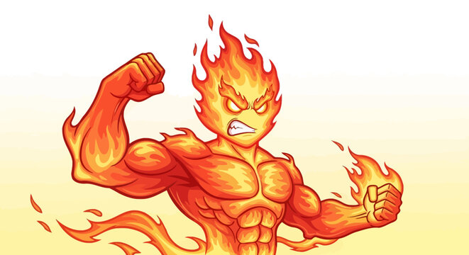 Angry fire elemental flexing muscles with flames