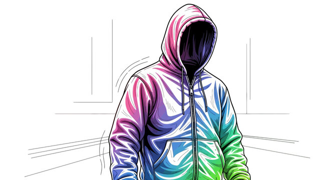 Anonymous Hacker in Colorful Hoodie, Cybercrime Concept, Dark Face, Digital World