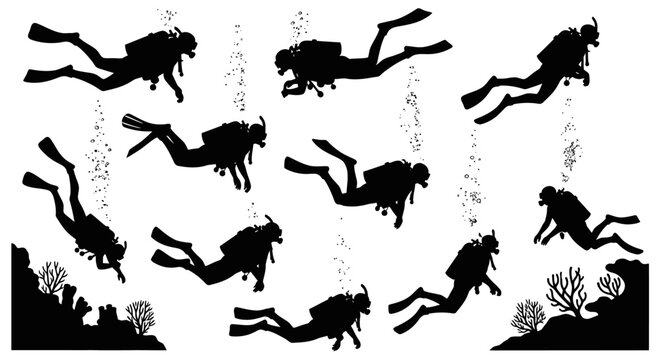 Scuba divers silhouette collection with coral reefs