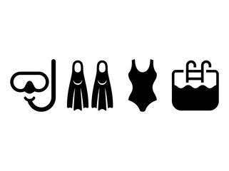Swimming and Snorkeling Icon Set - Vector Illustration of Scuba Mask, Flippers, Swimsuit, and Pool Symbols for Summer Vacation and Water Sports Design © Devica