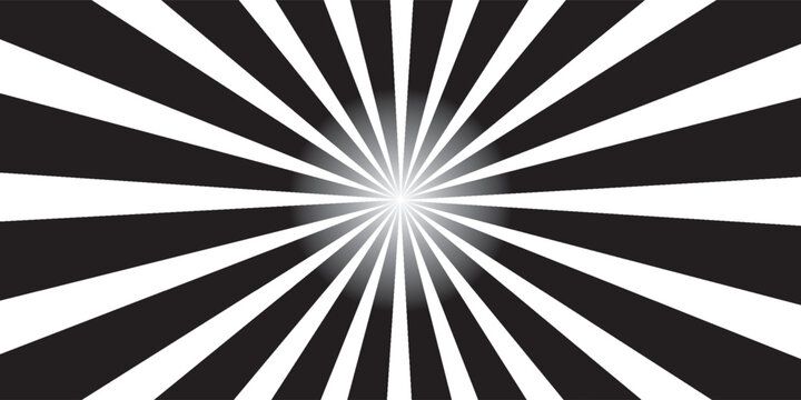 Starburst pattern. Abstract texture with sunburst light. Black background with white sunbeams. Retro background with flashes of light.
