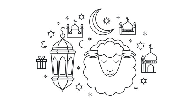 Eid al Adha line art icons with sheep and lantern