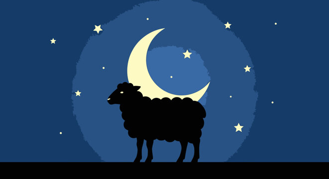 Black sheep silhouette under a crescent moon and stars