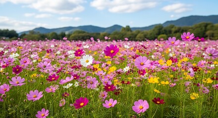 Obraz premium Beautiful field of wildflowers, mostly cosmos, under a bright sky with distant hills