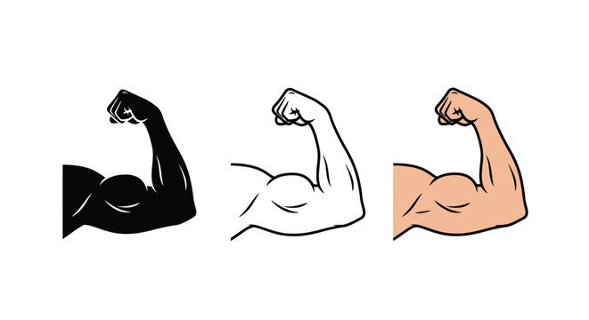 A stylized vector illustration showing three variations of a strong muscular arm flexing for sports design