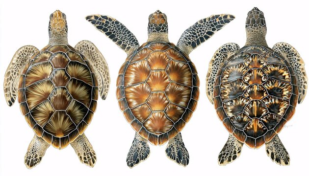 Three realistic sea turtle shells displayed on white background