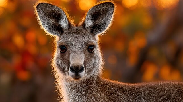 A captivating close up of a kangaroo with its soulful eyes and large ears, framed by the soft glow of a golden sunset light in nature.