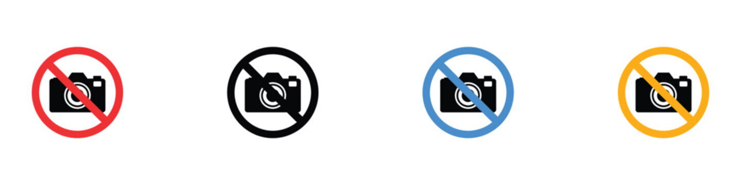 No camera and no photography prohibition sign icon set. Isolated vector illustration of red, black, blue, and yellow forbidden symbols with camera silhouette for restricted public areas.