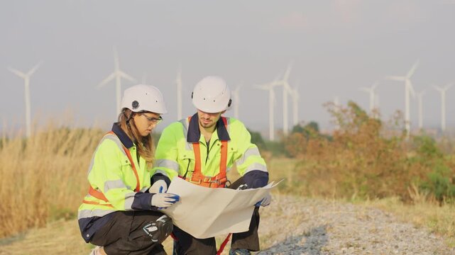 Side view of Caucasian engineer man and woman sit on the ground and discuss together with using drawing paper and stay in front of row of windmill or wind turbine with evening light.