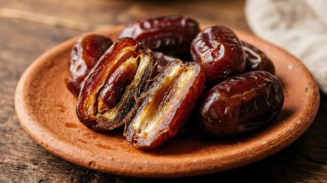 glossy dates fruit on terracotta plate with split pieces showing sticky fibrous center, rustic wooden table, soft linen background, natural sweet dessert still life for healthy eating concepts