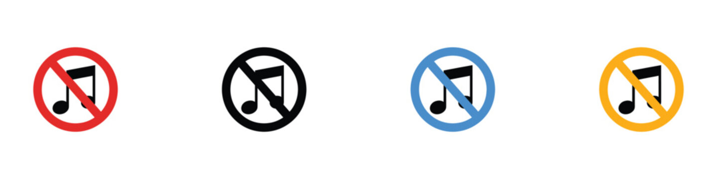 No music and loud sound prohibition sign icon set. Isolated vector illustration of red, black, blue, and yellow forbidden symbols with musical note silhouette for quiet zones and public safety.