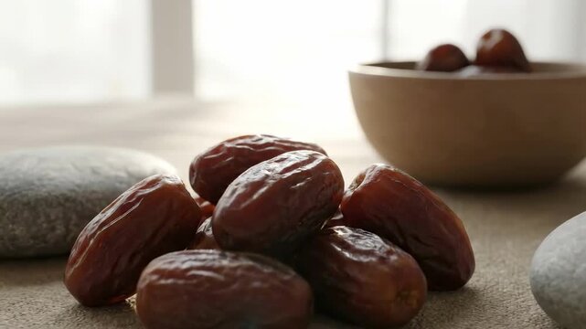 dates fruit arranged with smooth stones and muted ceramic bowl near bright window, calm neutral table setting, minimalist wellness still life for natural sweet snack and mindful eating concepts