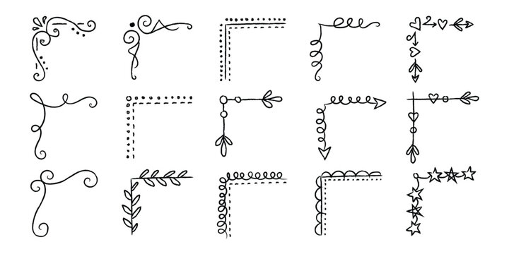 Hand drawn corner borders and floral frame set. Isolated vector illustration of black doodle decorative elements including swirls, leaves, hearts, and stars for wedding and greeting card design.