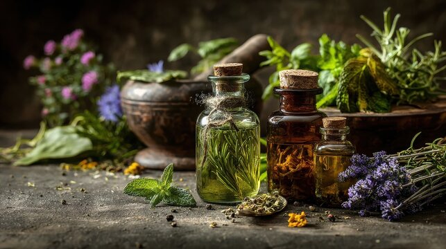 Aromatherapy essential oils in vintage bottles with fresh herbs and mortar in rustic setting, soft natural light