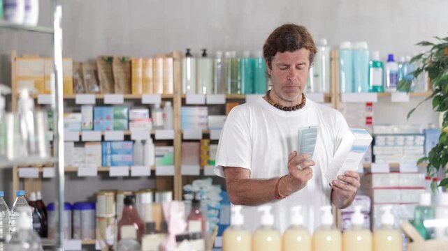 Adult man in a summer t-shirt stands in a pharmacy and holds creams from different manufacturers in his hands and makes a choice between them. Buying moisturizing body milk and collagen cream. High