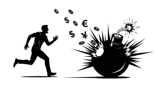 Man running from exploding bomb with falling currency symbols