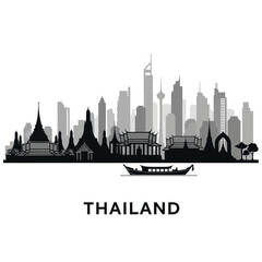 Naklejka premium Bangkok skyline silhouette with traditional temples and longtail boat