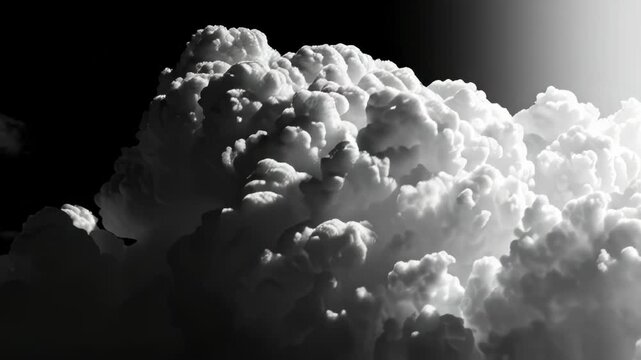 Powerful cumulus cloud formations in a dramatic black and white sky, showcasing intricate textures and the dynamic interplay of light and shadow in nature's vast expanse