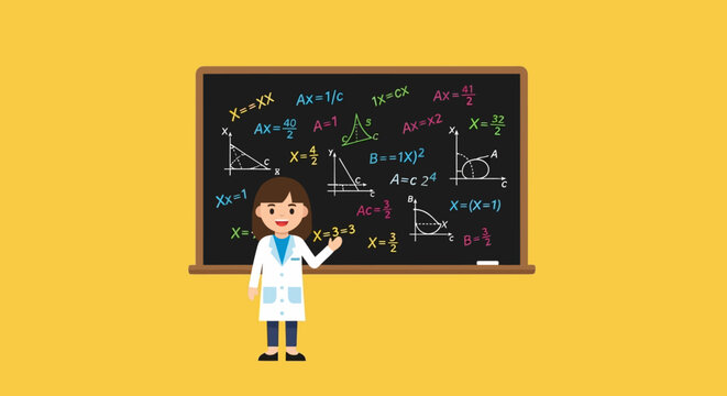 Cute cartoon girl in lab coat teaching math and science with formulas and geometry on blackboard, for kids education