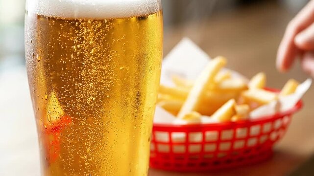 Cold beer glass with bubbles and foam next to crispy golden french fries in red basket on wooden table food snack refreshment drink perfect casual meal and tasty fried food