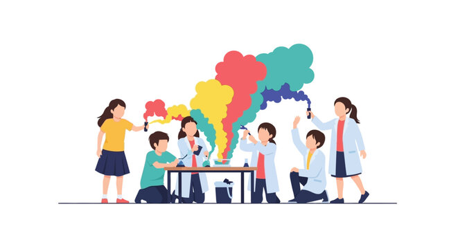Children in lab coats conducting colorful science experiments, learning and having fun with chemistry and physics in a classroom setting