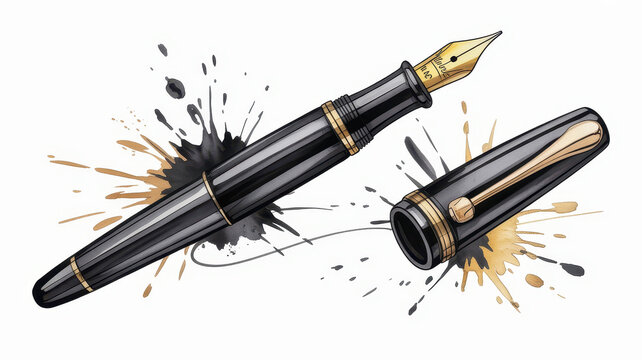 A black fountain pen with gold nib and cap lying on a white background, with ink splatters