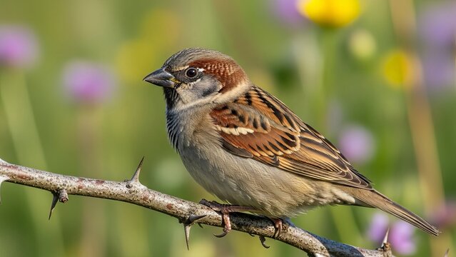 A house sparrow perched on a thorny branch in a garden with flowers