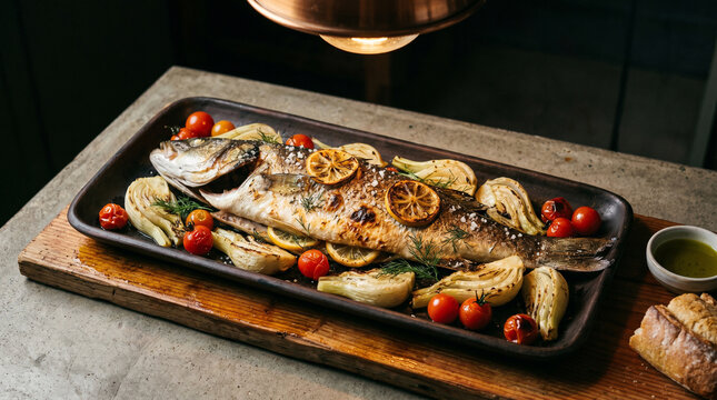 Fresh baked whole fish served with roasted fennel and red cherry tomatoes