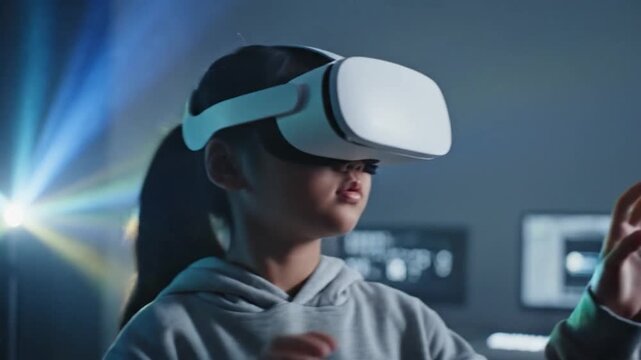 A young person wearing a virtual reality headset, experiencing a digital environment with projected light and computer screen in the background